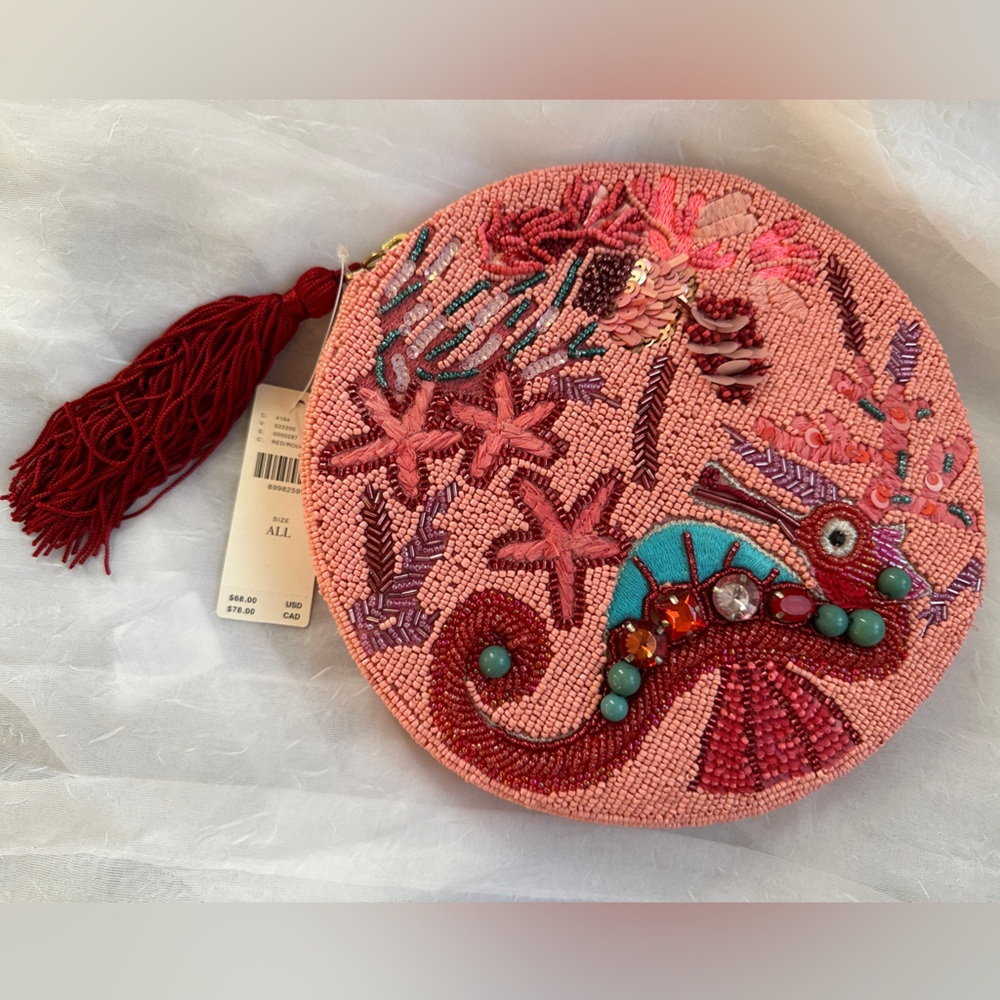NWT Anthropologie seahorse beaded pink pouch bag, red tassel